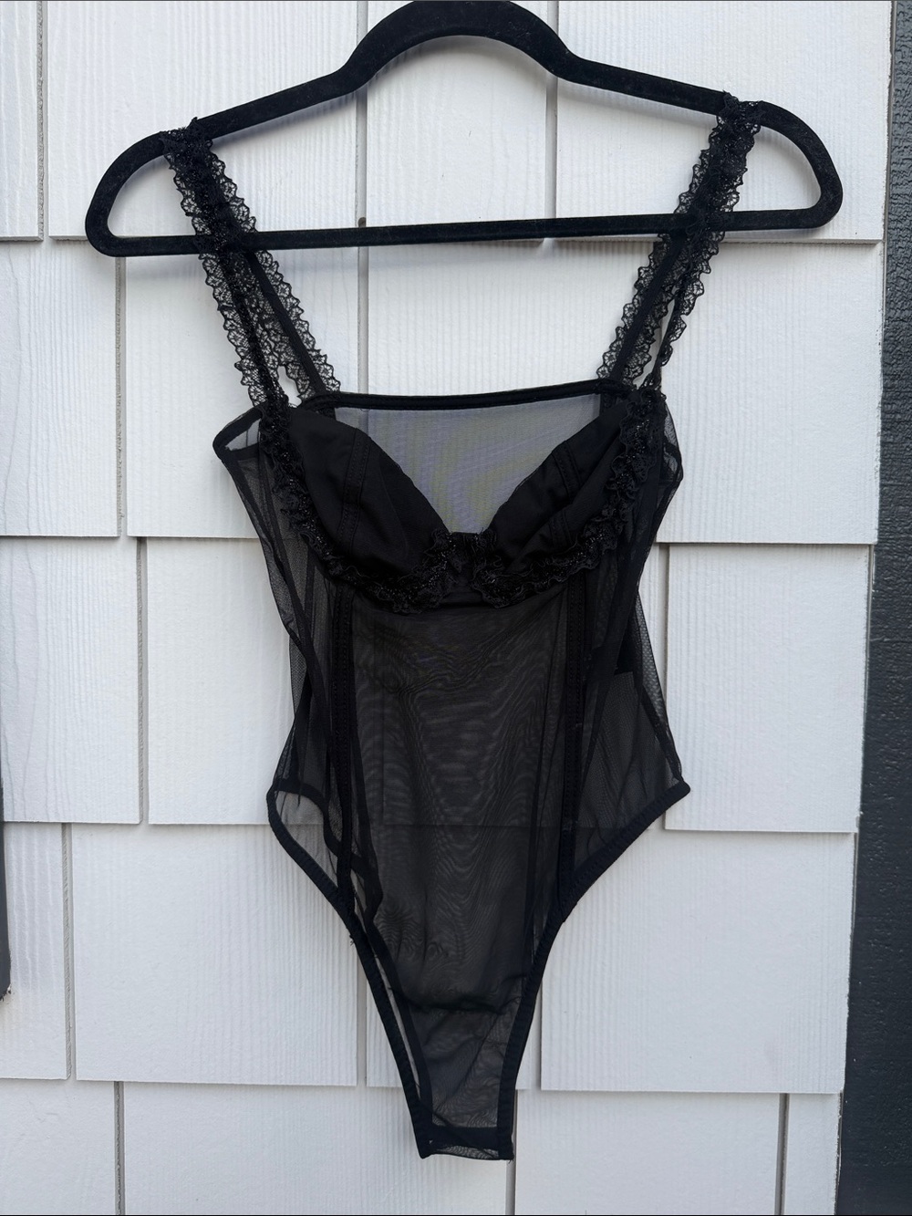 SHEIN Black Sheer Lace-Trim Bodysuit